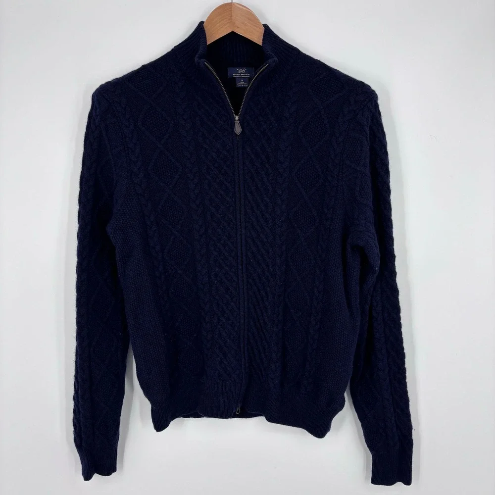 Brooks Brothers Scottish Lambswool Cable Knit Full Zip Sweater Men M Navy Blue